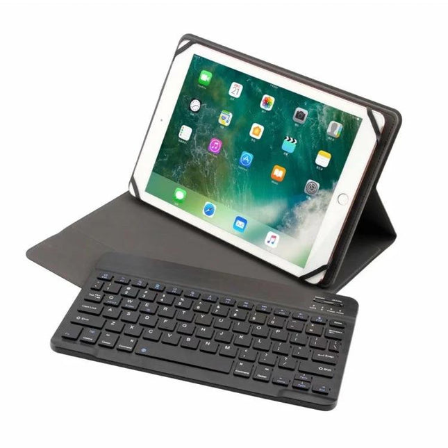 Universal Detachable Bluetooth Keyboard Case for 9.7-10 Inch Tablets shown with tablet in folio stand and detachable Bluetooth keyboard
