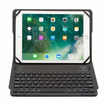 Universal Detachable Bluetooth Keyboard Case for 9.7-10 Inch Tablets shown with tablet in folio stand and detachable Bluetooth keyboard
