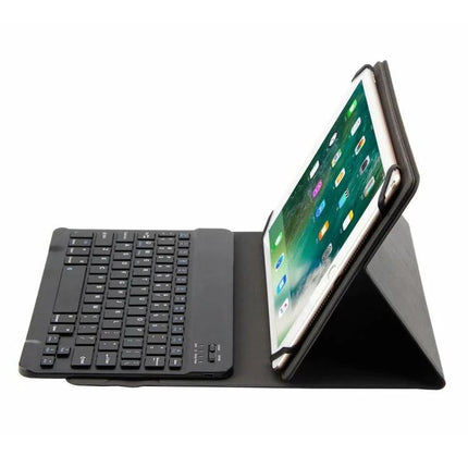 Universal Detachable Bluetooth Keyboard Case for 9.7-10 Inch Tablets shown with tablet in stand and detachable wireless keyboard for on-the-go typing