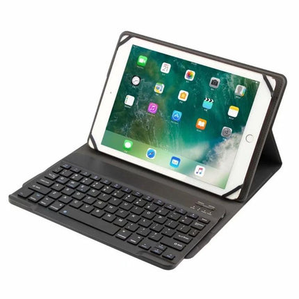 Universal Detachable Bluetooth Keyboard Case for 9.7-10 Inch Tablets showing tablet in stand with detachable Bluetooth keyboard for mobile productivity