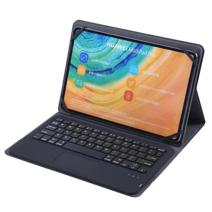Universal Detachable Touch Bluetooth Keyboard Case for 9-10 Inch Tablets shown with tablet in black folio, removable Bluetooth keyboard and touchpad