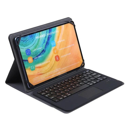 Universal Detachable Touch Bluetooth Keyboard Case for 9-10 Inch Tablets shown with tablet in folio stand and removable keyboard attached