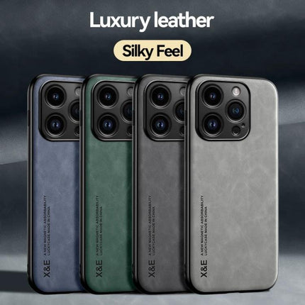 Leather Magnetic Phone Case for Everyday Travel Protection showing four luxury PU leather cases in blue green gray and black with magnetic camera cutout
