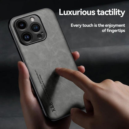 Leather Magnetic Phone Case for Everyday Travel Protection showing black PU leather case with magnetic plate and hand touching tactile surface