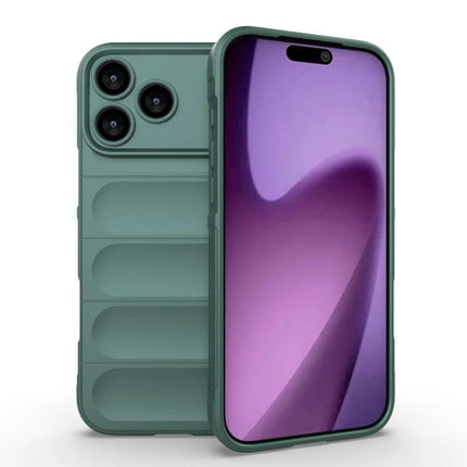 Essential Phone Case for iPhone 17 Pro Max Everyday Protection slim green TPU case shown on iPhone 17 Pro Max with raised camera and textured back