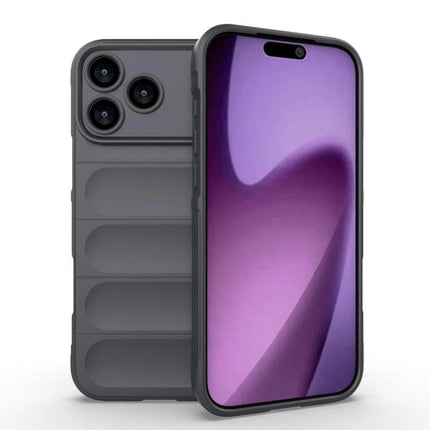 Essential Phone Case for iPhone 17 Pro Max Everyday Protection — slim gray TPU case showing precise fit, raised camera lip and textured back for daily scratch and impact resistance