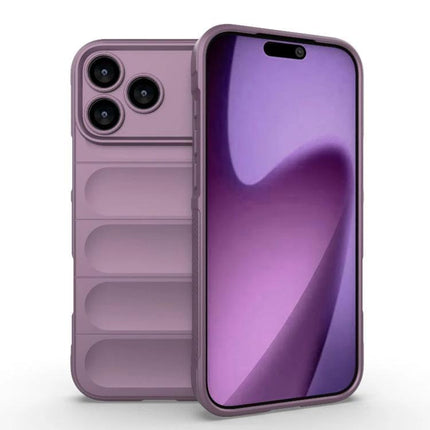 Essential Phone Case for iPhone 17 Pro Max Everyday Protection slim TPU purple case shown front and back, scratch and impact resistant