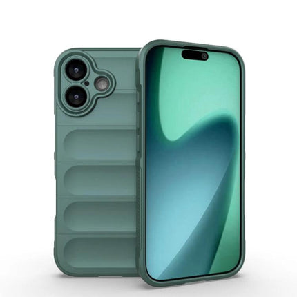Magic Shield Protective Case for Everyday Phone Use in matte green TPU, slim design with soft interior, raised camera lip and ribbed back texture