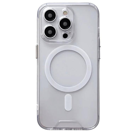 Protective Acrylic Case For iPhone Everyday Home Use clear acrylic TPU case with MagSafe ring shown on white iPhone back