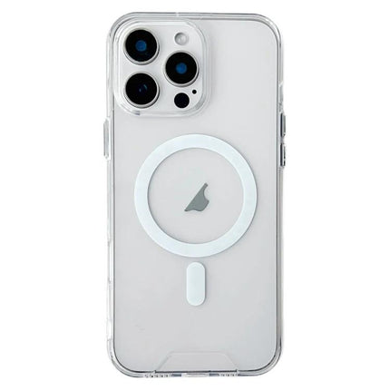 Protective Acrylic Case For iPhone Everyday Home Use clear acrylic TPU case shown on white iPhone with MagSafe ring, slim scratch and dust protection