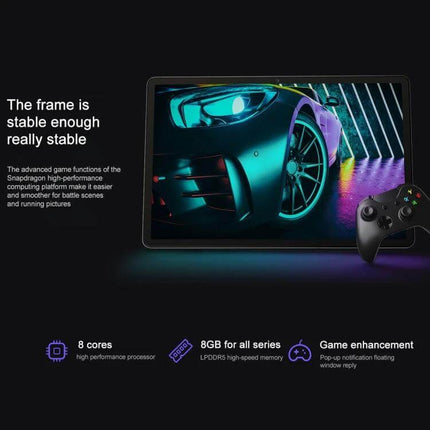 Lenovo Pad Pro 12.7-Inch Tablet for Everyday Productivity showing tablet with racing game screen and controller, highlighting 8GB memory and gaming features