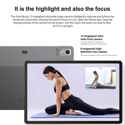 Lenovo Pad Pro 12.7-Inch Tablet for Everyday Productivity showing tablet with front-facing camera and user doing yoga on-screen