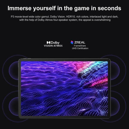 Lenovo Pad Pro 12.7-Inch Tablet for Everyday Productivity displaying vibrant HDR gaming visuals and Dolby Atmos four-speaker audio