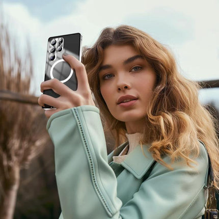 Phone Case for Everyday Protection and Easy Access shown on a slim black MagSafe-compatible phone case held by a woman outdoors