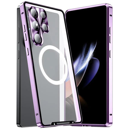 Phone Case for Everyday Protection and Easy Access - slim purple metal frame with clear back, magnetic ring for wireless charging, full button and port access
