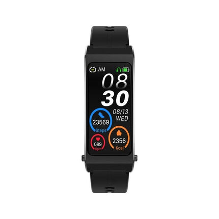 Comfortable Bracelet for Everyday Health and Activity Tracking - black fitness tracker showing steps, heart rate, calories and date on a color display