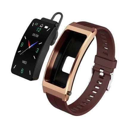 Comfortable Bracelet for Everyday Health and Activity Tracking slim brown band with removable black tracker showing time and heart-rate icons