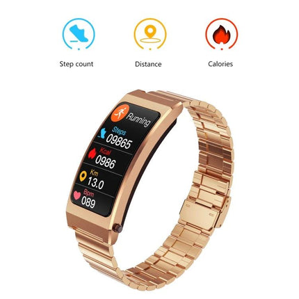 Comfortable Bracelet for Everyday Health and Activity Tracking - rose gold fitness tracker showing steps, heart rate, calories, distance on screen