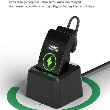 Comfortable Bracelet for Everyday Health and Activity Tracking charging dock showing 100% battery and green power icon