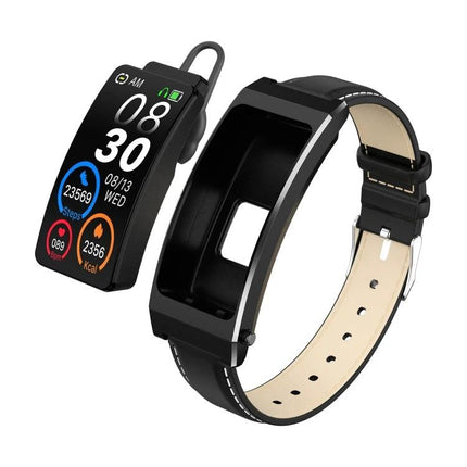 Comfortable Leather Strap Bracelet for Everyday Health Tracking showing black leather band and detachable fitness tracker displaying steps, heart rate, and time