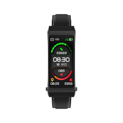 Comfortable Leather Strap Bracelet for Everyday Health Tracking - black leather health tracker showing steps, heart rate and sleep data