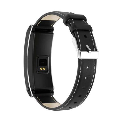 Comfortable Leather Strap Bracelet for Everyday Health Tracking showing black leather band, stitched edges, and heart-rate sensor on wearable device