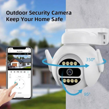 Wireless Smart Security Camera with Full Color Night Vision and Audio mounted outdoors showing 350° pan, 95° tilt and mobile app live view