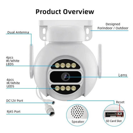 Wireless Smart Security Camera with Full Color Night Vision and Audio showing dual antennas, IR LEDs, lens, speaker, ports and SD card slot