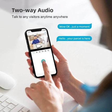 Wireless Smart Security Camera with Full Color Night Vision and Audio showing two-way audio on mobile app and live 1080P video of delivery at door