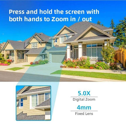 Wireless Smart Security Camera with Full Color Night Vision and Audio showing house exterior with 5.0X digital zoom and 4mm fixed lens