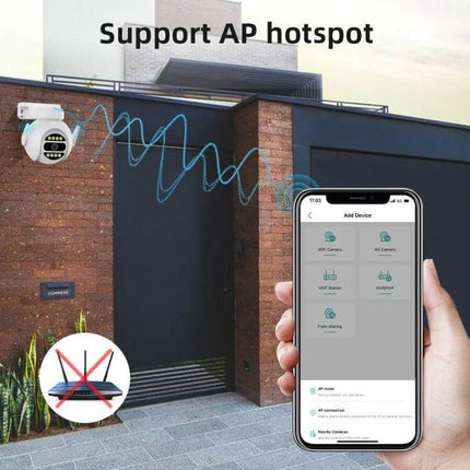 Wireless Smart Security Camera with Full Color Night Vision and Audio mounted by home entrance showing mobile app and AP hotspot support