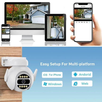 Wireless Smart Security Camera with Full Color Night Vision and Audio showing multi-platform app views on phone, tablet and desktop