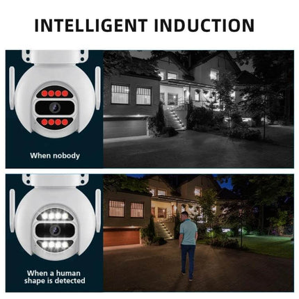 Wireless Smart Security Camera with Full Color Night Vision and Audio showing intelligent induction converting black-and-white to full-color when a person approaches