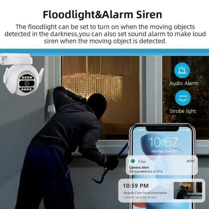 Wireless Smart Security Camera with Full Color Night Vision and Audio mounted outside showing floodlight, alarm siren, motion alert on mobile and intruder at window
