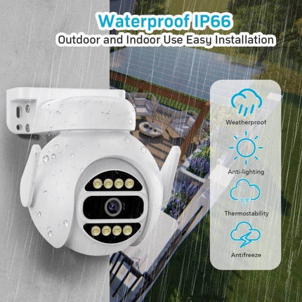 Wireless Smart Security Camera with Full Color Night Vision and Audio mounted outdoors showing waterproof IP66 features and full-color night view