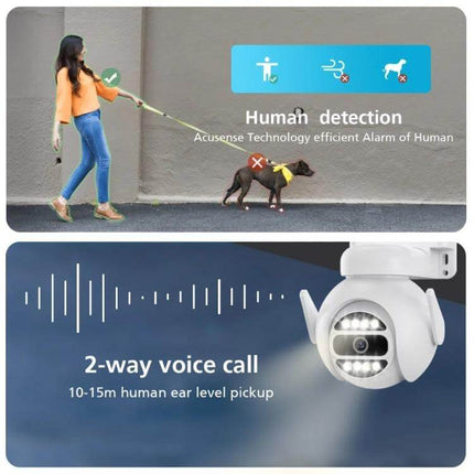 Wireless Smart Security Camera with Full Color Night Vision and Audio showing human detection and 2-way voice call features