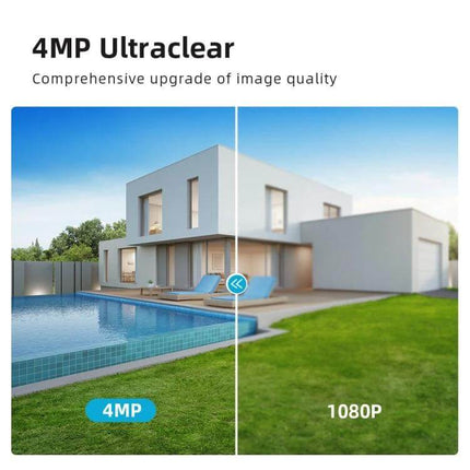 Wireless Smart Security Camera with Full Color Night Vision and Audio showing 4MP ultraclear vs 1080P image comparison of a modern house and pool