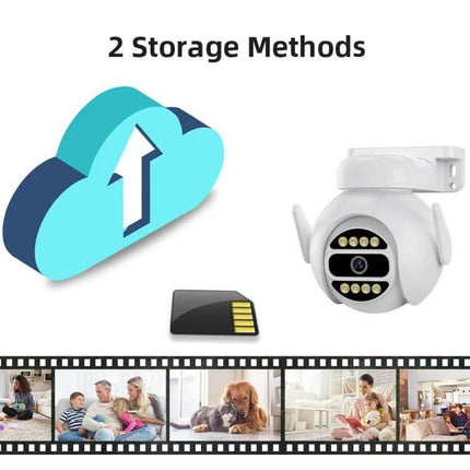 Wireless Smart Security Camera with Full Color Night Vision and Audio showing cloud and SD card storage options and example footage