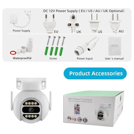 Wireless Smart Security Camera with Full Color Night Vision and Audio showing camera, power adapter options (EU/US/UK/AU), screws, power input and packaging