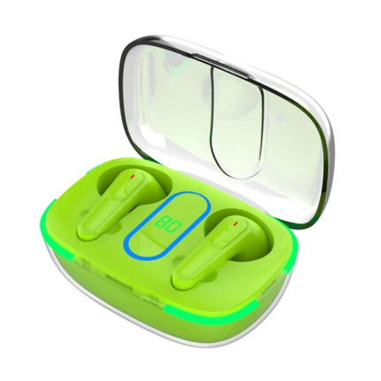 Wireless Bluetooth Earbuds With Battery Display For Calls bright green Pro 70 earbuds in charging case with digital battery readout
