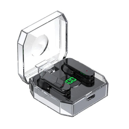 Transparent Capsule Wireless Earbuds With Digital Battery Display in clear case showing green digital battery readout