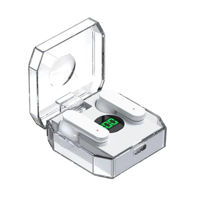 Transparent Capsule Wireless Earbuds With Digital Battery Display showing clear case, earbuds and green numeric battery readout