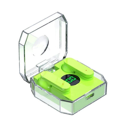 Transparent Capsule Wireless Earbuds With Digital Battery Display shown in clear case with green earbuds and digital charge readout