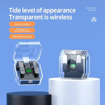 Transparent Capsule Wireless Earbuds With Digital Battery Display showing clear case, earbuds and green digital battery readout