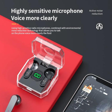 Transparent Capsule Wireless Earbuds With Digital Battery Display showing clear case, LED battery readout, in-ear buds and smartphone