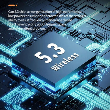 Transparent Capsule Wireless Earbuds With Digital Battery Display showing 5.3 Bluetooth chip circuitry and digital performance highlights