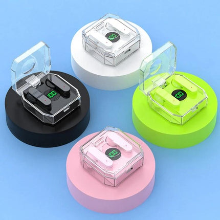 Transparent Capsule Wireless Earbuds With Digital Battery Display in black white pink green clear case, touch control Bluetooth earphones