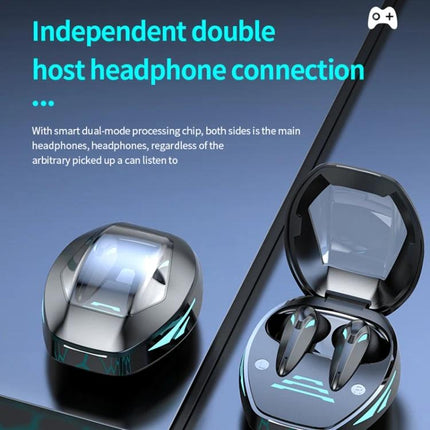 Wireless Gaming Earbuds With Noise Reduction For Daily Use TG09 HIFI Bluetooth 5.3 earbuds in charging case showcasing dual independent host connection