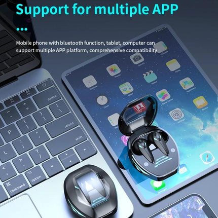 Wireless Gaming Earbuds With Noise Reduction For Daily Use shown on tablet and laptop, Bluetooth 5.3 case and earbuds