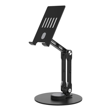R-JUST Adjustable Mechanical Stand for Tablets and Phones holding a tablet at adjustable height and angle on a black foldable desk stand